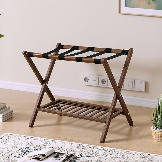 Bamboo Luggage Rack with Shoe Shelf Folding Suitcase Stand with 5 Heavy-Duty Straps for Guest Room Living Room Hotel Ideal Luggage Holder for Suitcases Bags Shoes,Walnut Brown