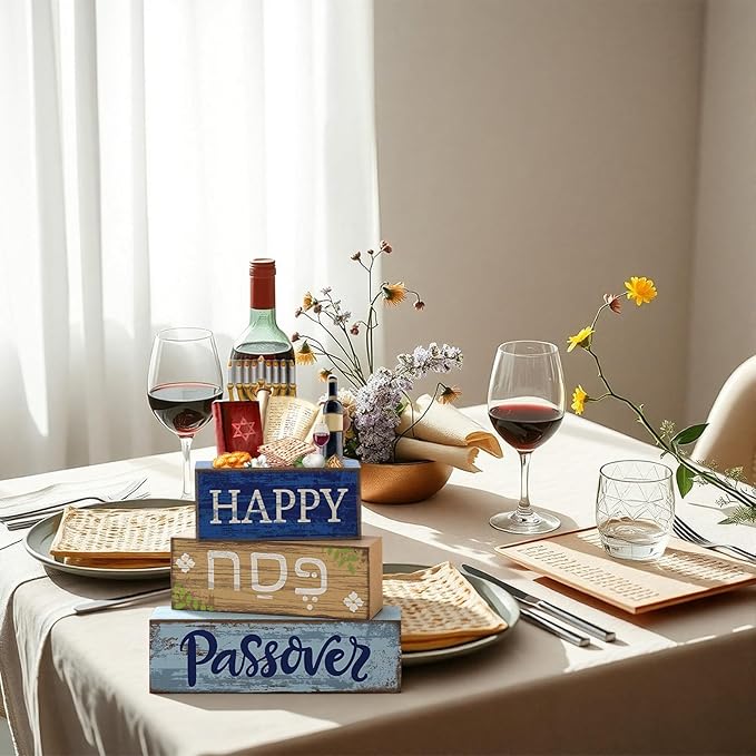 Lineshading 4 Pcs Happy Passover Table Decorations Wooden Menorah Table Centerpieces Pesach Jewish Holiday Party Passover Seder Meal Tabletop Topper Mantel Shelf Decor