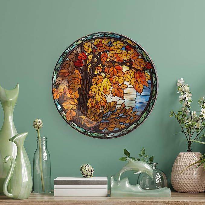 Stained Glass Design Autumn Tree Decorative Plates Home Decor Ceramic Plates, Fall Season Dinner Plates Display for Living Room, Kitchen, Hallway Console Side Table, Thanksgiving Gifts, 6 Inch