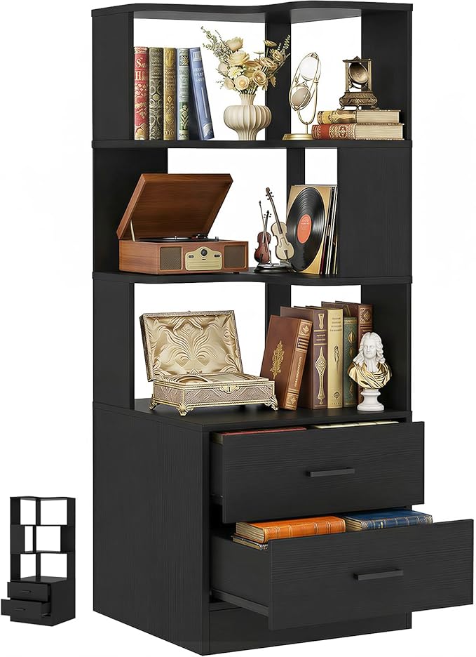 Armocity Corner Bookshelf with Drawers, 6 Tier Corner Book Shelf Display Bookcase, Freestanding L Shaped Bookshelf for Bedroom, Living Room, Home Office, Black