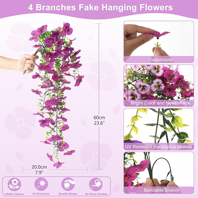 Fake Artificial Flowers for Outdoors, 4 Pcs Faux Hanging Pansy Flowers Spring Summer Decor, UV Resistant Fake Plants Silk Flower for Planter Front Door Porch Patio Yard Garden(Gradient Purple Red)