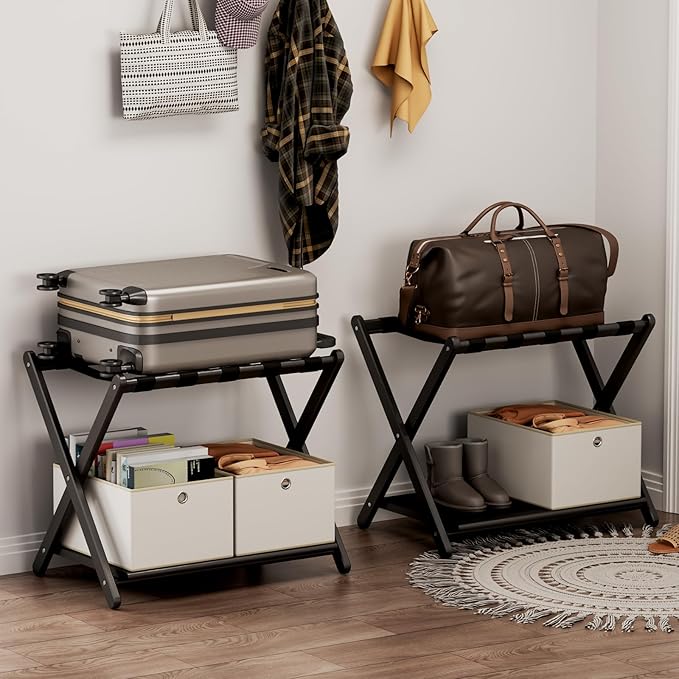 2 Pack Fully Assembled Black Luggage Racks with 4 Storage Boxes, Bamboo 26.77" Foldable Suitcase Stand for Guest Room with 5 Nylon Straps, Luggage Rack Holder with Shelf for Bedroom Hotel
