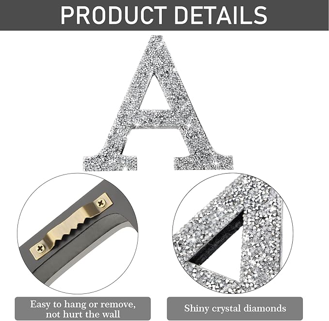 Qunclay 5.7" Silver Crystal Diamond Bling Letters Crushed Diamond Decoration Wooden Glitter Letter with Screw and Hooks Rhinestone Gift for Wedding Y2k Mcbling Bedroom Wall Decor (Letter A)