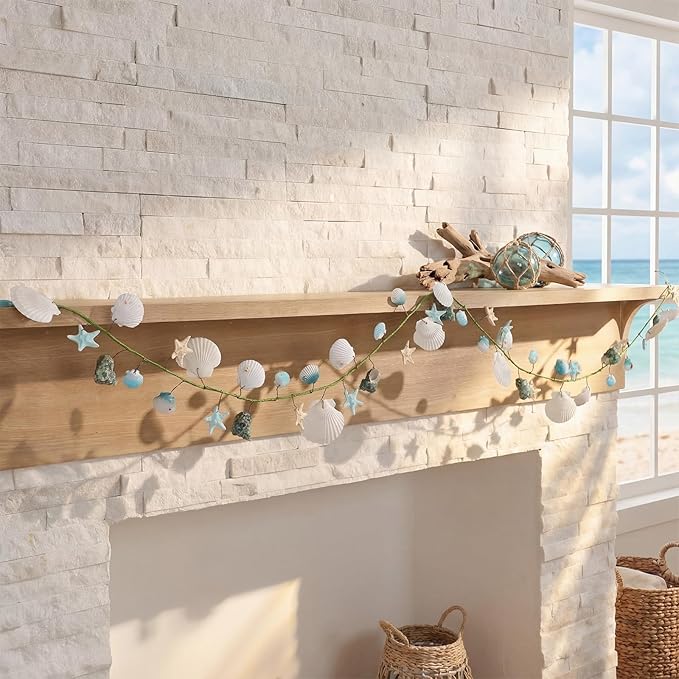 5.58 ft Coastal Decor Shell Garland Beach Mantel Swag Decor Seashell Starfish Centerpiece Garland Conch Beach Decorations for Table Wall Bedroom Home Dining Doorway Weddings