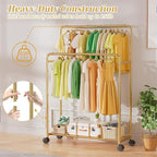 Simple Trending Clothing Clothes Rack Double Rods with Wheels, Rolling Metal Garment Rack for Hanging, Gold