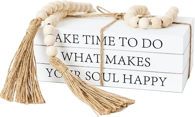 Decorative Books for Home Decor, White Faux Books for Decoration, Rustic Farmhouse Stacked Display Books with 52in Wood Bead Garland for Coffee Tables Living Room (TAKE TIME to DO)