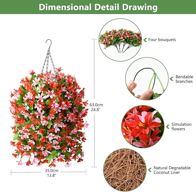 INQCMY Artificial Hanging Flowers Decoration, 4pcs Fake Floral Basket Plants for Outdoor Porch, Faux Shrubs Home Spring Decor UV Resistant Potted Violets for Outside Garden No Fade