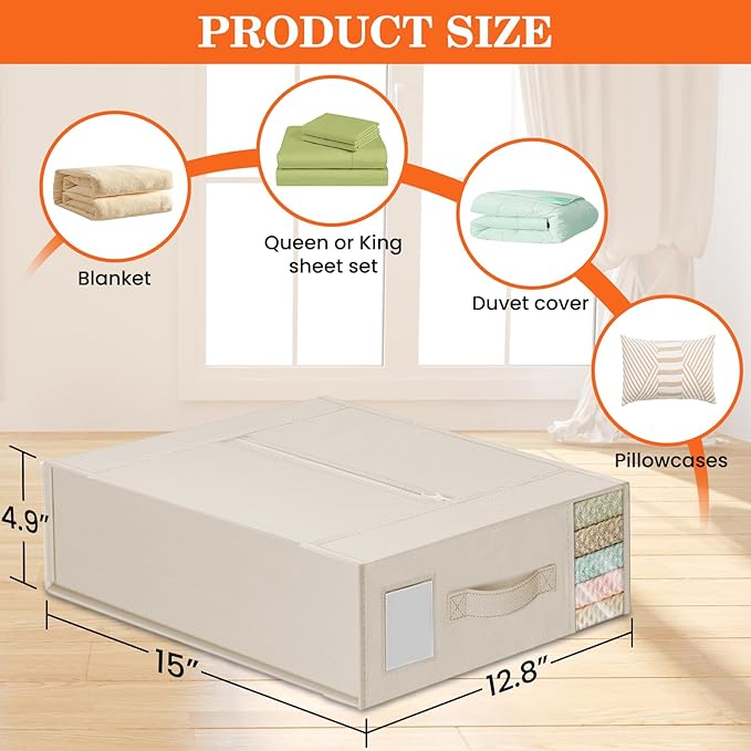 WOWBOX Sheet Organizers and Storage,Closet Bed Sheet Organizer Under Bed Storage and Organization with Label Cards & Clear Window for Bedding Sheets,Duvet Covers,Blankets (6 Pack，Beige)