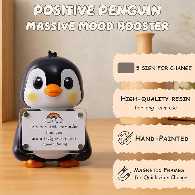 Positive Penguin Figurine - 3.9" Tall Hand-Painted Resin Indoor Office Desk Decoration with Cute Motivational Sign, Funny Gift for Women Friends Bestie BFF Bestfriend Coworkers