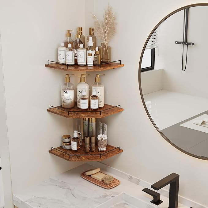 JJL Corner Shelf Wall Mounted, 12 Inches 3-Tier Floating Corner Shelf, Hexagon Rustic Wood Decor with Fence, Brown Storage Organizer for Apartment Bedroom Kitchen Bathroom
