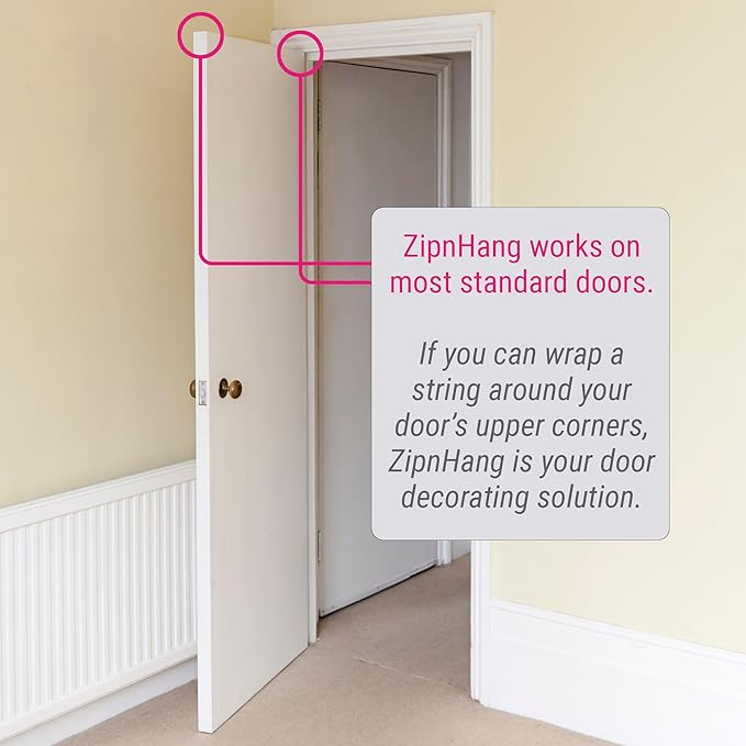 Zip 'n Hang Wreath Hanger for Front Door – Damage Free Adjustable Door Wreath Hanger for Glass, Screen & Standard Doors, Christmas Wreath & Decor Hook (White - 1 Pack)