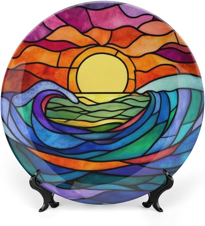 Waves Theme Decorative Ceramic Plate Round Porcelain Plate,6 inch,Sunrise Rainbow Glass Pattern,for Decorative Ornaments Giving Plates,1 Plate with 1 Display Stand,Blue Purple