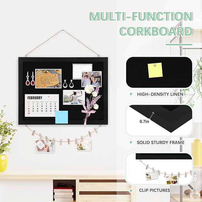 DOLLAR BOSS Black Cork Board with Linen Double-Sided 16''X 12'', Black Cork Boards for Walls, Wood Frame Bulletin Board Hanging Pin Board, Cork Board for Office Home School 1-Pack