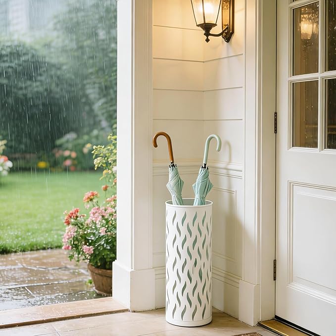 Umbrella Holder, Metal Umbrella Stand for Entryway, Umbrella Storage Rack with 4 Hooks Decor, Home, Office,5.8 × 5.8 × 16.4 (White)