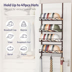 SWTYMIKI Over Door Hat Organizer - 5 Tier Wall Mounted Hat Rack with 4 Adjustable Metal Basket and 3 Hooks, Hanging Baseball Cap Organizer Storage Holds up to 49 Caps for Door, Bedroom, Closet