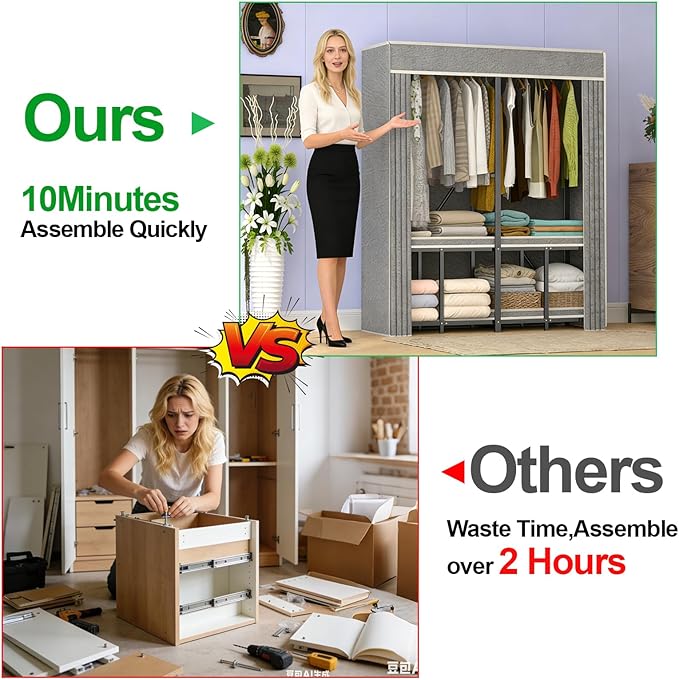 Heavy Duty Clothing Racks for Hanging Clothes with Cover, 95% Assembled Freestanding Foldable Portable Clothes Rack, 59“Lx70 H
