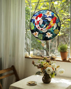 Stained Glass Window Hanging, Koi and Lotus Sun Catcher for Door Home Decor Fish Suncatcher Christmas Mother's Day Birthday Gifts for Women Men Mom and Nana 6.3 in