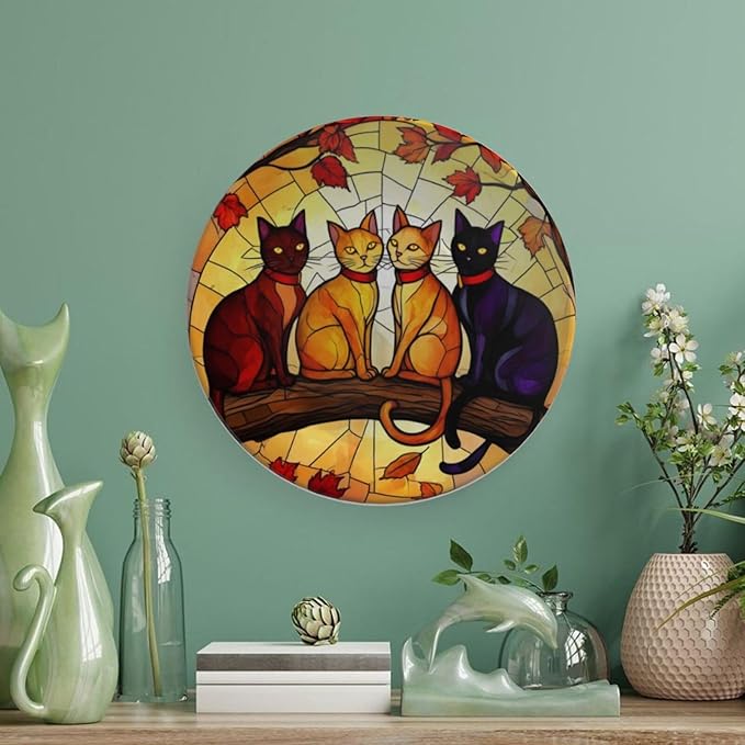 Cat theme Decorative Ceramic Plate Round Porcelain Plate,8 inch,Autumn Stained Glass pattern,for Decorative Ornaments Giving Plates,1 Plate with 1 Display Stand,Orange red