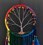 OMA Dream Catcher, Tree of Life Design with Feathers & Beads, White Suede Authentic Traditional Dream Catcher Boho Home Decor Bedroom Decoration Gift - Large Size - 36" Long (Rainbow Chakra)