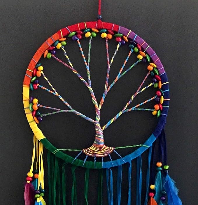 OMA Dream Catcher, Tree of Life Design with Feathers & Beads, White Suede Authentic Traditional Dream Catcher Boho Home Decor Bedroom Decoration Gift - Large Size - 36" Long (Rainbow Chakra)