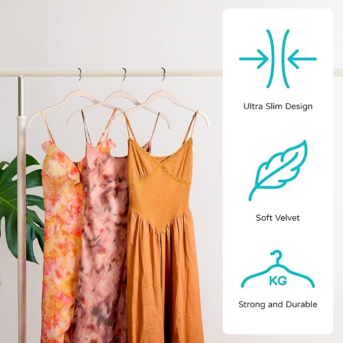 Premium Velvet Shirt Hangers 50 Pack, Non-Slip 360° Swivel Hook Slim Flocked Coat Hanger, Space Saving Felt Hanger for for Tank Top, Blouses, Strappy Dresses(Beige)