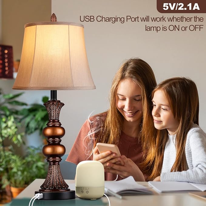 Set of 2 Touch Control Traditional Table Lamp, 27"H Bedside Lamps with 2 USB Charging Ports, 3-Way Dimmable Bronze Finish Large Nightstand Lamps with Bell Faux Silk Shade for Living Room, Bedroom