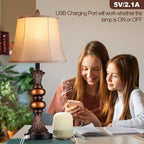 Set of 2 Touch Control Traditional Table Lamp, 27"H Bedside Lamps with 2 USB Charging Ports, 3-Way Dimmable Bronze Finish Large Nightstand Lamps with Bell Faux Silk Shade for Living Room, Bedroom