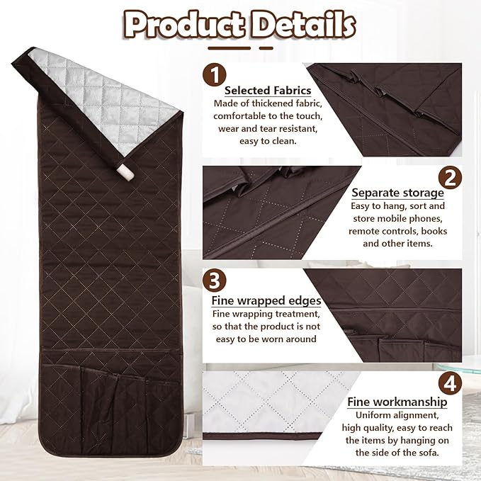 Huakaile Foldable Remote Control Holder Non-Slip Couch Sofa Chair Waterproof Armrest Organizer with 5 Pockets Armrest Organizer Couch Recliner Caddy Fits for Ipad, Phone, Magazines (Coffee)