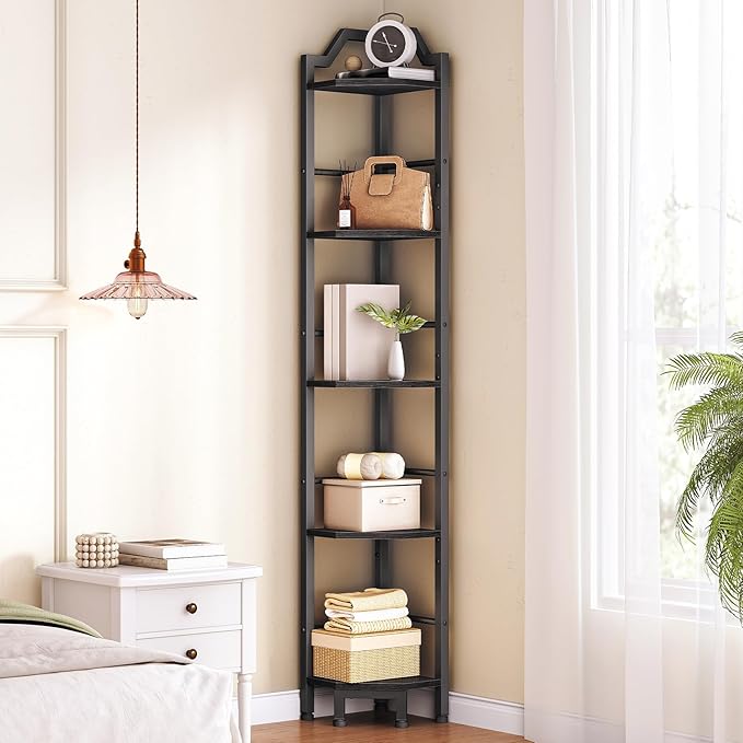 HOOBRO Narrow Corner Shelf Stand, 5-Tier Corner Shelf, 63” Tall Multipurpose Corner Bookshelf, Standing Display Shelf Plant Stand, for Living Room, Study, Kitchen, Black BB100CJ01