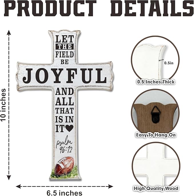 VZVCTFS Baseball Theme Wooden Cross Wall Decor - Let The Field Be Joyful and All That Is In It, Christian Sports Gift with Hook for Bedroom, Game Room, Church, Christmas （6.5x10 Inch）-A10