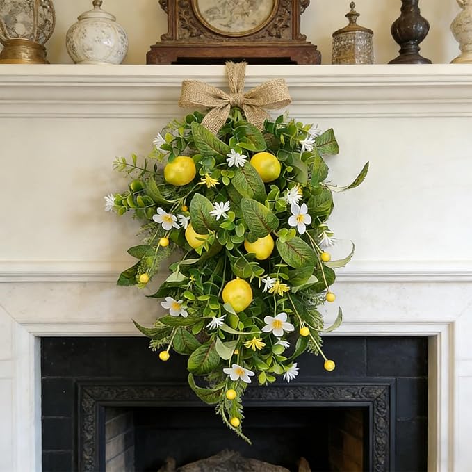 2 Pack 22'' Lemon Swag Wreaths for Cabinets Spring Summer Teardrop Wreath with White Daisy Flowers Artificial Lemon Teardrop Wreath with Bow for Farmhouse Front Door Porch Window Wall Hanging Decor