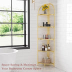 Crofy Foldable 5 Tier Corner Shelf, Metal Corner Plant Stand with Gold Frame and Transparent Shelves, Corner Display Rack Multipurpose Shelving Unit for Living Room, Bedroom, Bathroom