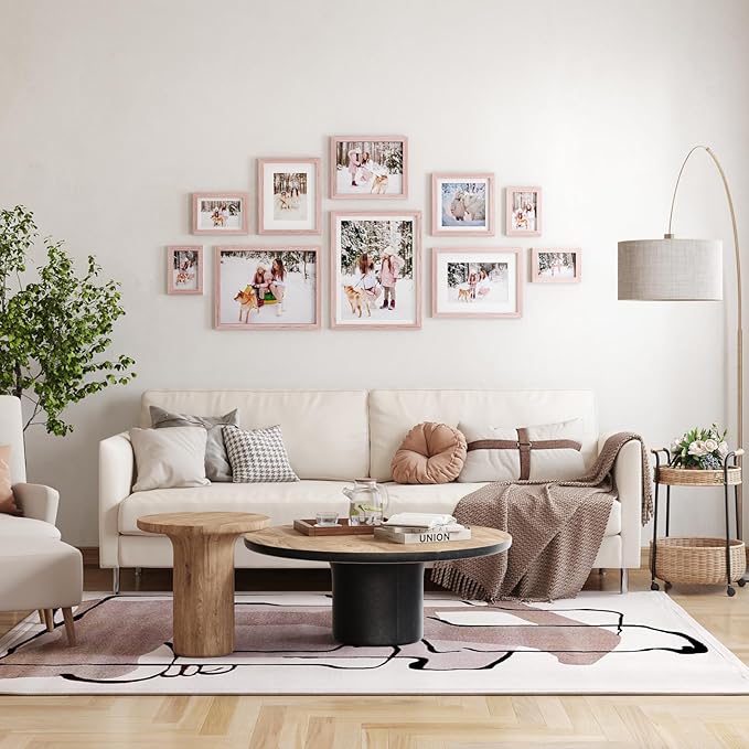 Egofine 9x12 Picture Frames Set of 4, Made of Solid Wood Covered by Plexiglass 5x7 and 6x8 with Mat or 9x12 without Mat, for Table Top Display and Wall Mounting Photo Frame Peach Pink