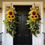 24in Artificial Sunflowers Teardrop Swag Spring Summer Sunflowers Floral Swag Wreath with Burlap Bow Fake Yellow Sunflower Garland for Front Door Indoor Outdoor Window Home Decor