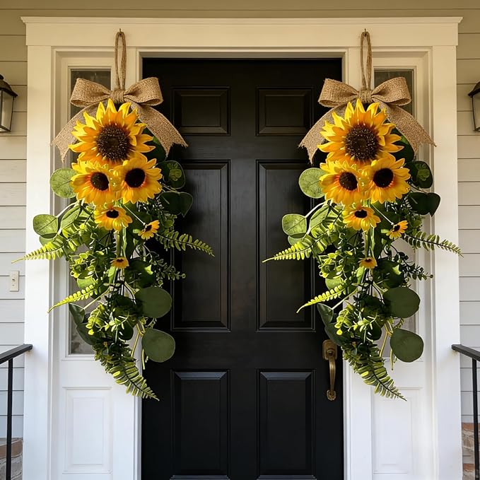 24in Artificial Sunflowers Teardrop Swag Spring Summer Sunflowers Floral Swag Wreath with Burlap Bow Fake Yellow Sunflower Garland for Front Door Indoor Outdoor Window Home Decor