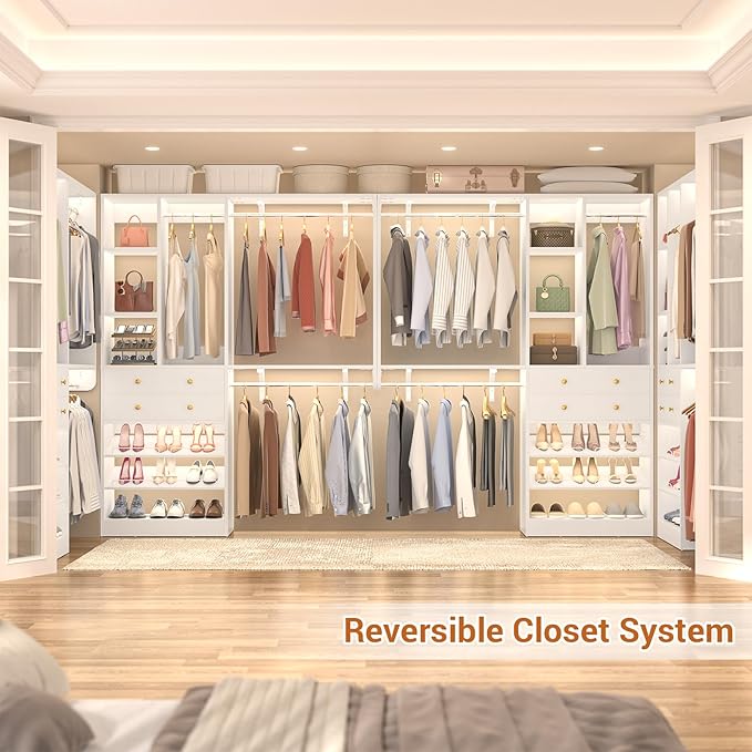 10FT Closet System with 4 Drawers, 120" Closet Organizer System with 6 Hanging Robs & Reversible Shelving, Closet Systems for Walk-in Closets, White