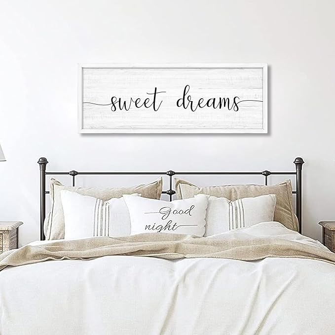 Sweet Dreams Wall Decor Above Bed 41.3''×15'' Large Farmhouse Wall Decor for Bedroom Guest Room Decor Framed Wood Wall Art Rustic Master Bedroom Wall Decoration (white frame)