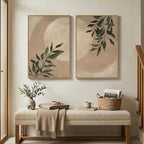 Large Framed Botanical Moon Wall Art for Living Room, Vintage Neutral Nature Canvas Painting Prints Set of 2, Rustic Farmhouse Minimalist Leaf Wall Decor for Bedroom Dining room Hallway, 24x36 Inch