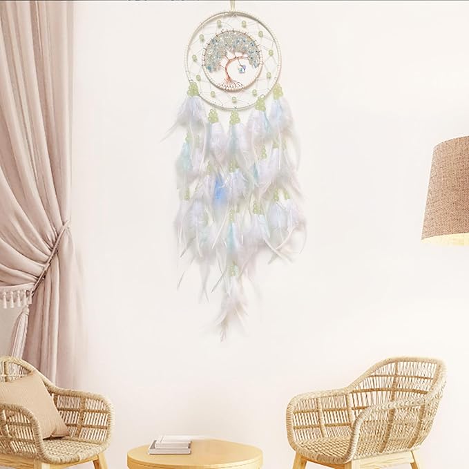 White Dream Catcher Wall Decor Crystal Tree of Life Dream Catchers with Luminous Bead Handmade Feather Dreamcatcher Wall Hanging Ornament for Bedroom Living Room Home Decor