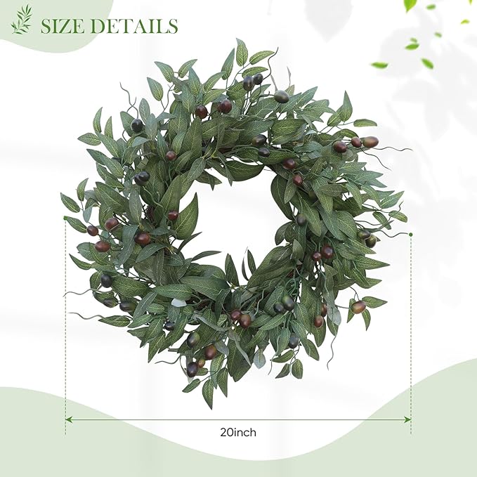 Olive Wreaths 20 Inch Wreath for Front Door with Purely Handmade Realistic Dense Olive Leaf Olive Berry, Elegant Home Decor Wreath Ideal for Front Doors, Hallways, Any Area You Want to Brighten