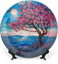 Stained Glass Theme Decorative Ceramic Plate Round Porcelain Plate,6 inch,Cherry Tree Pattern,for Decorative Ornaments Giving Plates, 1 Plate with 1 Display Stand,Blue Pink