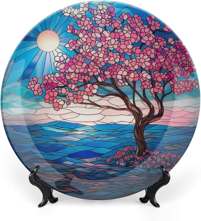 Stained Glass Theme Decorative Ceramic Plate Round Porcelain Plate,6 inch,Cherry Tree Pattern,for Decorative Ornaments Giving Plates, 1 Plate with 1 Display Stand,Blue Pink