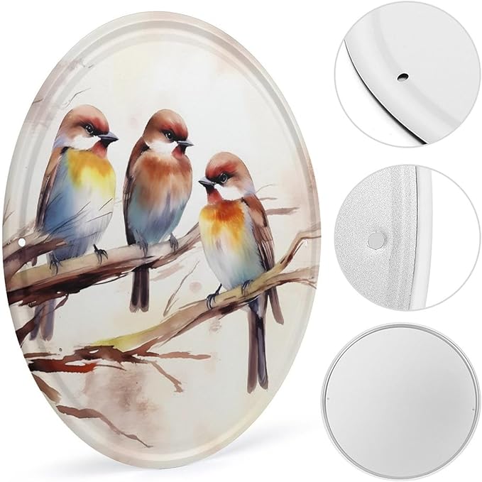 Wall Picture, with Birds Resting on Tree Branch Printed Circular Iron Hanging Picture,Wall Art Decor,Home for Bedroom Living Room Bathroom Decor,Iron Painting 11.8X11.8 in