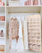 BAGSMART Hanging Jewelry Organizer Storage Roll with Hanger Metal Hooks Double-Sided Jewelry Holder for Earrings, Necklaces, Rings on Closet, Wall, Door, 1 piece, Large, Beige