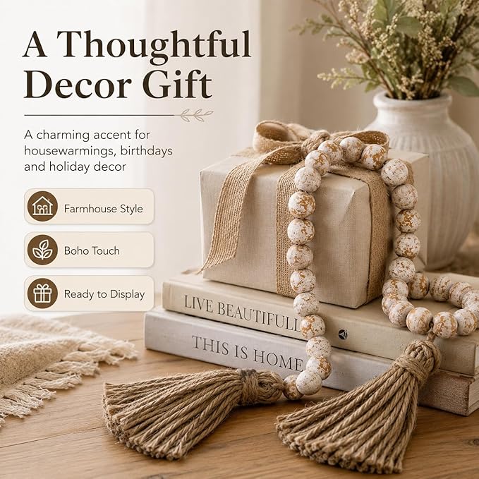 IMIKEYA Wooden Beads Garland: Farmhouse Wood Bead Garland with Tassels Boho Wall Hanging for Home Decor Tiered Tray Rustic Wood Prayer for Coffee Table Decor