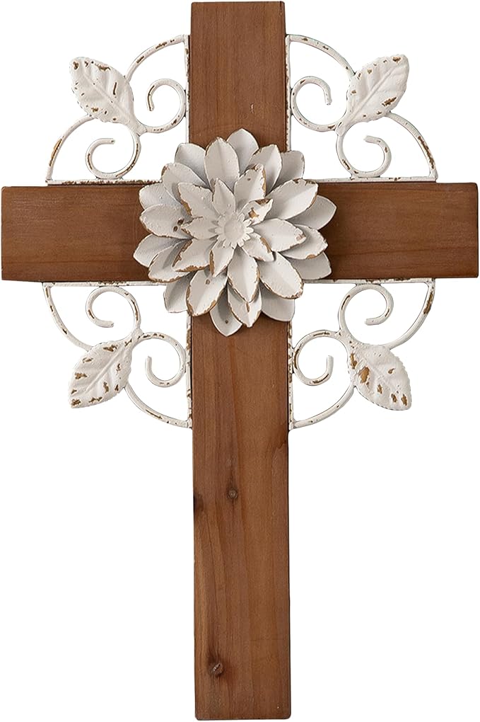 SOFE Rustic Crosses Wall Decor with Metal Floral - Large Wall Crosses for Home Decor - Hanging Decorative Crosses Wall Decor - Spiritual Art for Church Religious