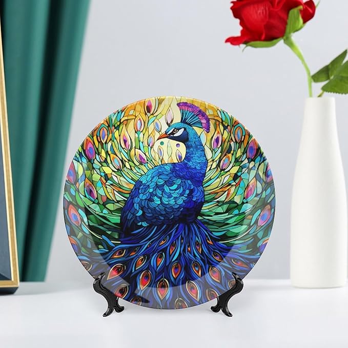 Decorative Plates, Colorful Peacock Stained Glass Design Ceramic Dinner Plate Home Wobble-Plate with Display Stand, Wall Hanging Decor for Kitchen Household 8 Inch, Gifts for Peacocks Lover