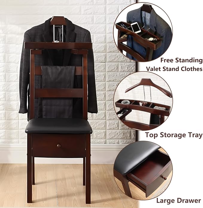 Wood Chair Valet Stand, With Hanger Trouser Bar, Top Storage Tray Wardrobe, With Large Drawer Clothing Rack, Men Women Floor Standing Suit Valet for Living Room, Entryway, Bedroom, Office