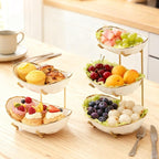 jessie 2 Tier Ceramic Fruit Bowl for Kitchen Counter with Metal Rack, Fruit Basket with Stand, Porcelain Bowls for Vegetable Bread Candy Snack Nuts Dessert Cake Tray (Gold 2 layer)
