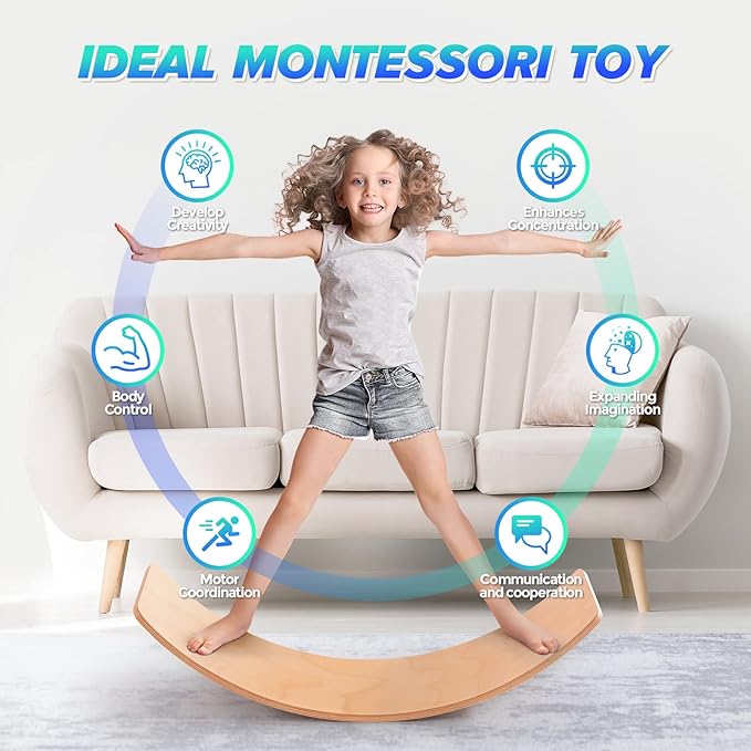 35" Balance Board Kids | Montessori Wobble Board for Toddlers Ages 3-5, Natural Wood Open-Ended Waldorf Sensory Toy for Indoor & Outdoor Play, Core Balance Trainer, Birthday & Christmas Gift 2026